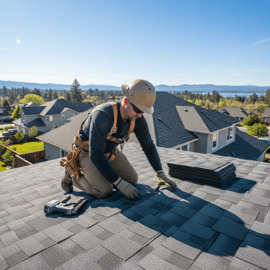 Roofer installing architectural shingles on a residential roof in Lake County, California.